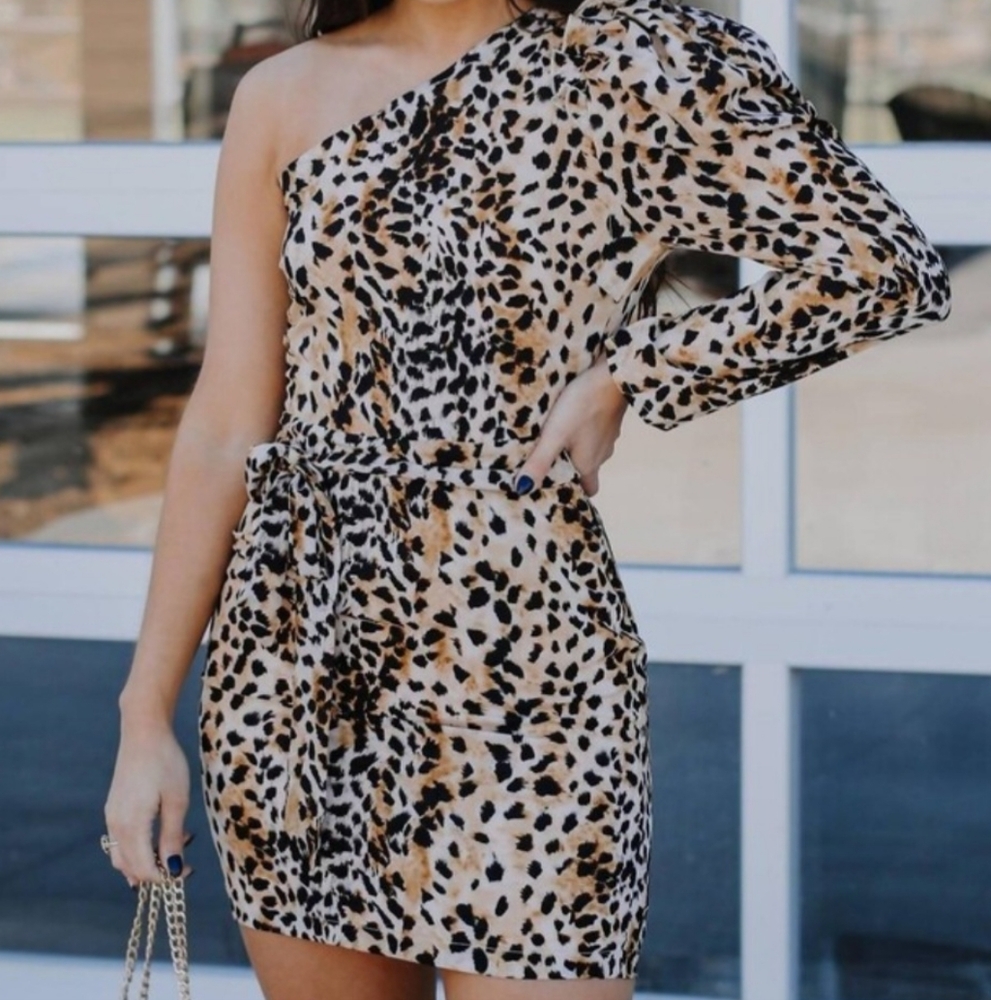 Emprada Animal Print Black and Brown  One-Shoulder Dress. M